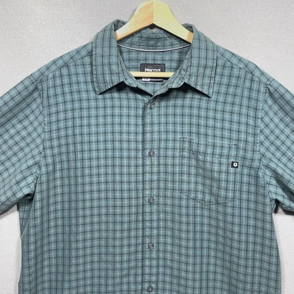 Marmot Plaid Shirt Men Large Regular Short Sleeve Blue Green Button Up Gorpcore